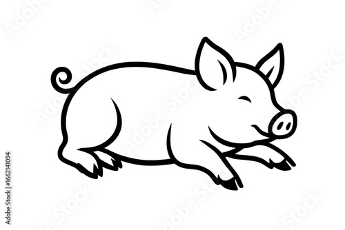 A cheerful piglet icon, rendered in a simple black and white outline, embodying cuteness and farm life. The graphic celebrates the simple joys of a rural existence. vector illustration