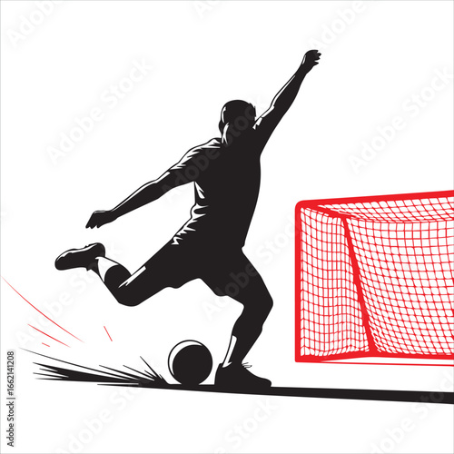 Soccer player kicking ball towards goal silhouette