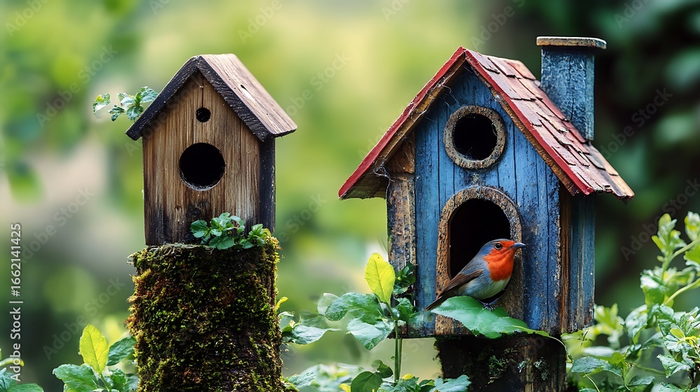 Naklejka premium Two Birdhouses with Colorful Accents and Robin Perched in One on Natural Background