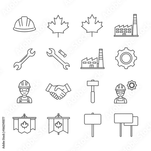 Labor day vector art of a set of labor and industry icons featuring tools, factories, canadian symbols, and workers vector
