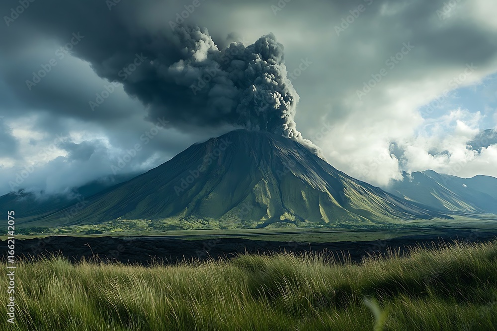 Fototapeta premium Volcano erupting with smoke billowing above, green grass on foreground and cloudy sky