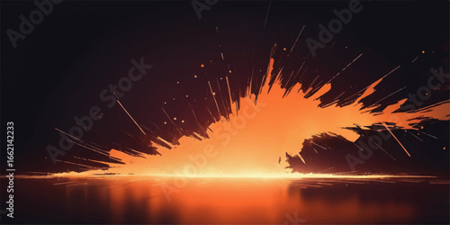 Golden sunlight reflects on the tranquil lake as fiery clouds paint the evening sky