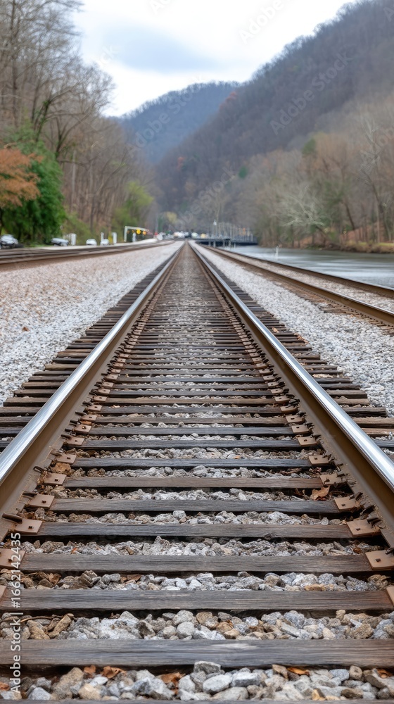 Fototapeta premium Curved railway tracks extend through a vast desert landscape under a clear blue sky with distant hills in the background