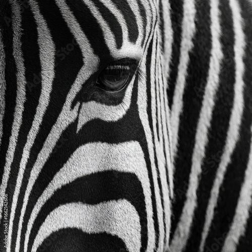 Close-Up of a Zebra’s Eye and Stripes in Black and White