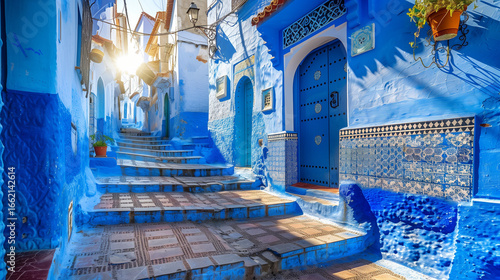Stunning blue streets and tiles of Chefchaouen Morocco with morning light 