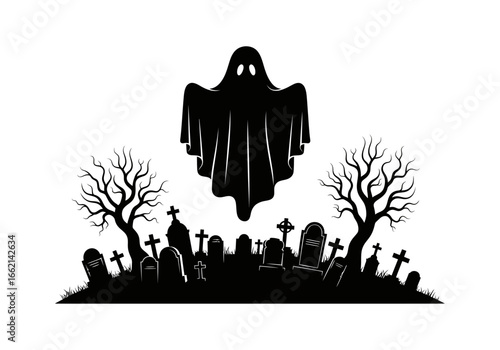 Halloween vector art of a spooky ghost hovers over a graveyard with tombstones and bare trees, vector