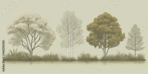 An icy winter morning mist hangs over a cold, white, snow-covered forest of frozen trees