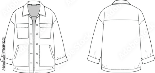 Women’s oversized jacket flat sketch, long sleeve coat vector illustration, fashion technical drawing, casual outerwear design template, apparel CAD clothing design