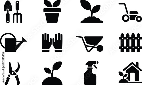 Gardening icon set with tools, gloves, plants, watering can, wheelbarrow, and fence. Black silhouette illustrations for landscaping designs.