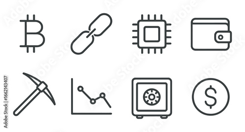 Cryptocurrency icons: bitcoin, blockchain, mining, wallet, chip, chart, safe, dollar