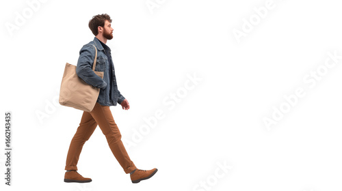 Casual man walking forward with tote bag, dynamic pose, isolated PNG