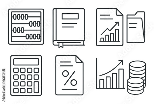 Financial icons including calculator, graphs, and documents on gray background