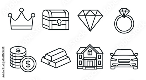 Minimalist icons of wealth: crown, treasure chest, diamonds, coins, gold bars, mansion, car