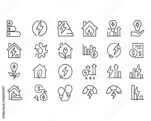 Set of outline icons related to energy efficiency. Linear icon collection