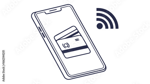 Illustration of a smartphone with a credit card on the screen and a wifi signal nearby in outline