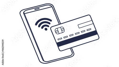 Illustration of a smartphone with wifi symbol and a credit card for contactless payment option