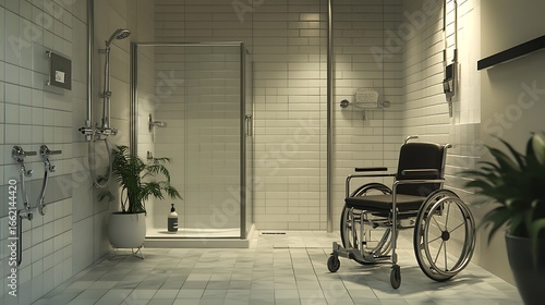 Accessible Bathroom Interior with Wheelchair and Shower in Modern Design