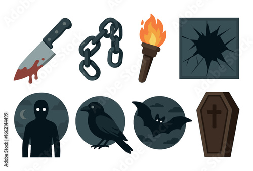 Spooky icons: knife, chains, torch, broken glass, zombie, crow, bat, coffin art