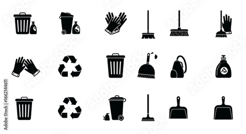 Cleaning and sanitation solid icon set – silhouette style hygiene, waste management, and janitorial symbols for household and office: trash bin, recycle, gloves, broom, vacuum, dustpan
