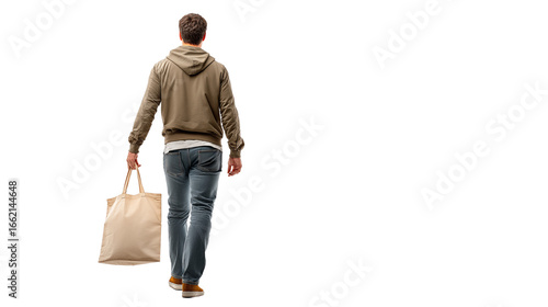 Young man walking away with tote bag, transparent isolated cutout