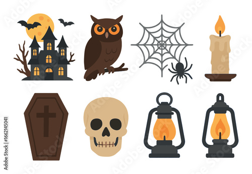 Halloween symbols: haunted house, owl, spider, candle, coffin, skull, lantern