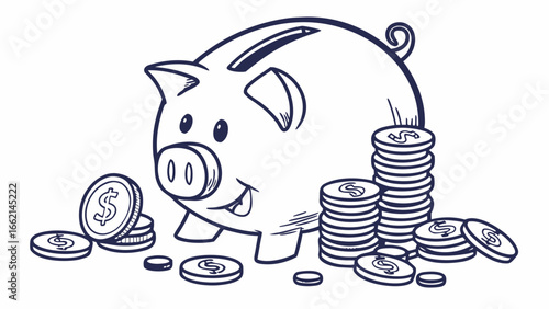 A cartoon style piggy bank with coins stacked next to it and scattered around the base line drawing