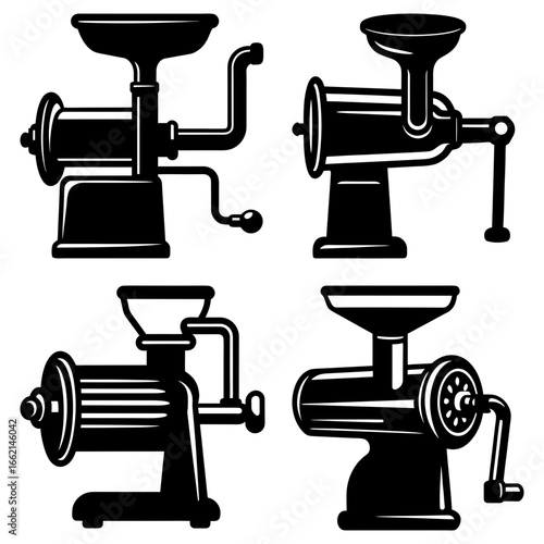 Illustration of four vintage meat grinders with different designs in black and white style layout
