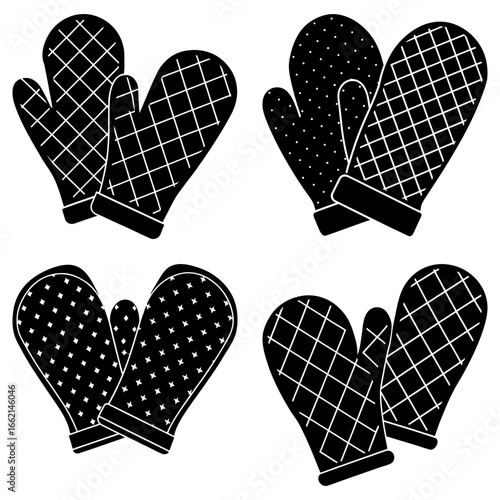 Collection of black and white oven mitts with different patterns displayed in a grid arrangement