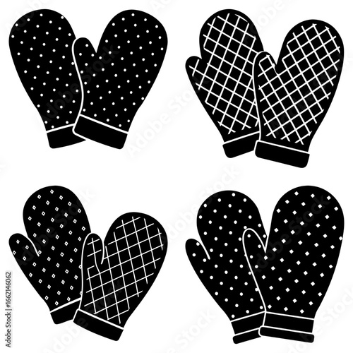 Four sets of black and white patterned oven mitts arranged in a symmetrical pattern on a white background