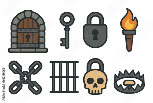 Medieval dungeon icons: key, lock, torch, skull, chains, trap, door, bars