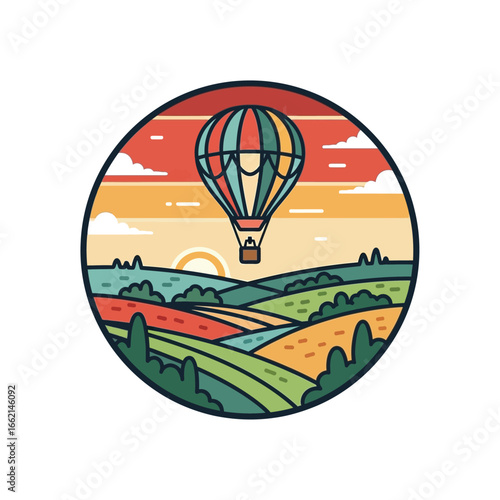 A Colorful Hot Air Balloon Soars Over Rolling Hills and Fields at Sunset