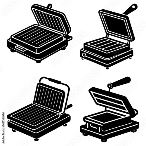 Four black and white illustrations of panini presses with handles in different orientations and styles