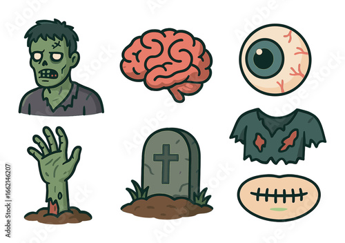 Zombie brain eye grave hand horror icons cartoon style
