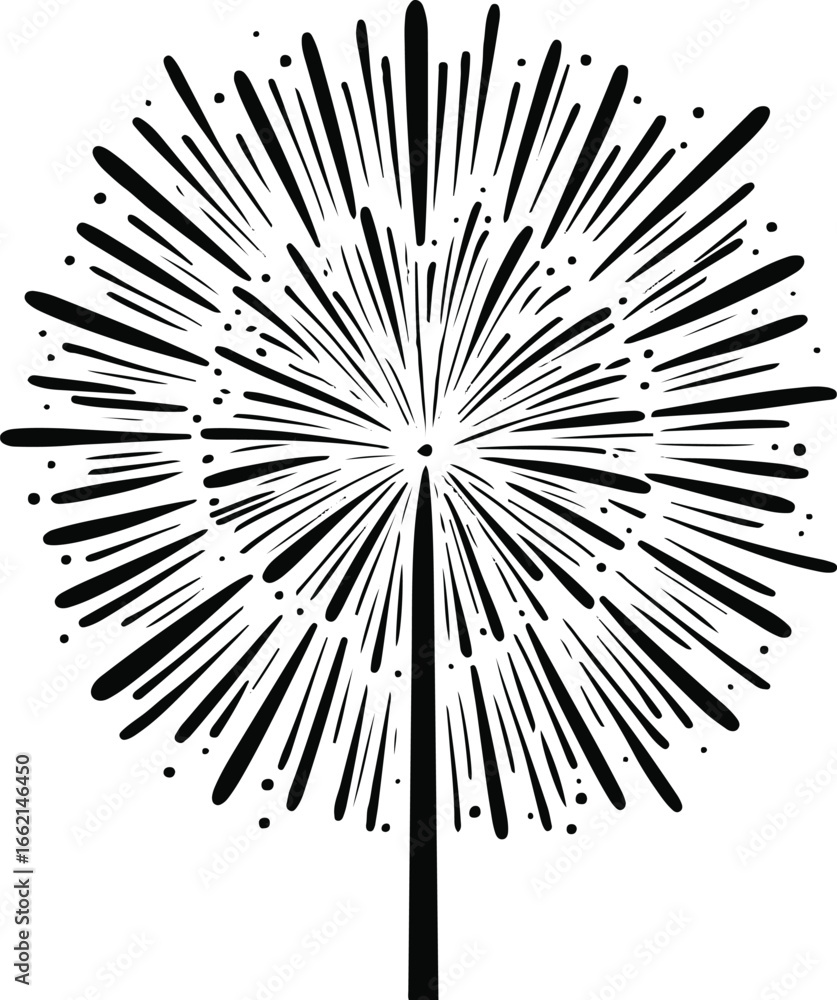 Fototapeta premium Happy New Year 2026 fireworks celebration in black and white line art, featuring a single central firework bursting with bold, expressive lines, rendered in a minimal style, created as a vector illust