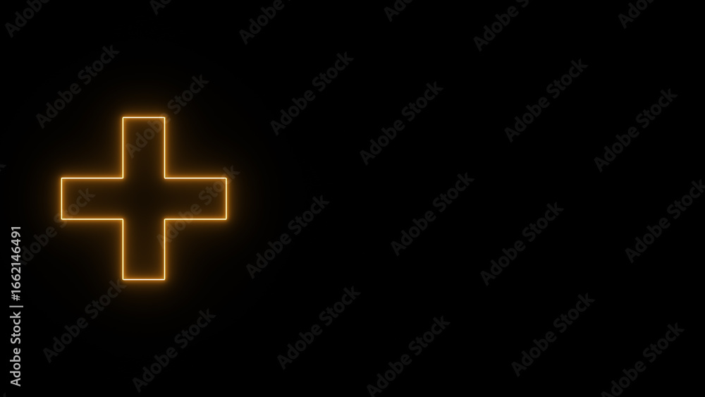 Fototapeta premium Neon glowing plus sign. Hospital sign illustration on black background.