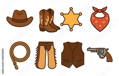 Western cowboy icons set - hat, boots, badge, bandana, whip, chaps, vest, revolver