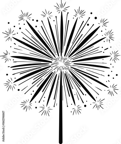 Happy New Year 2026 fireworks celebration in black and white line art, featuring a single central firework bursting with bold, expressive lines, rendered in a minimal style, created as a vector illust