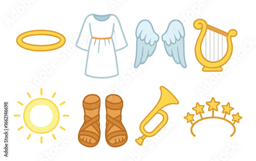 Glowing angelic icons: halo, wings, trumpet, and more
