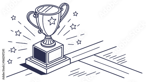 Illustration of a trophy cup with a star on a pedestal surrounded by stars and lines on a floor