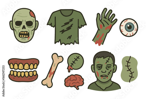 Zombie themed cartoon icons with undead heads, torn clothes, and body parts
