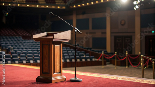 empty wooden podium on a stage with red carpet, ready for speech or conference in an auditorium