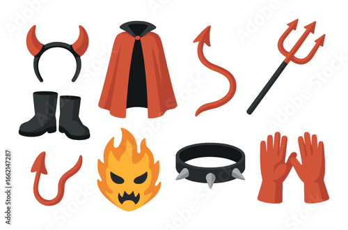 Devil costume accessories set with horns, cloak, trident, flame mask, and gloves