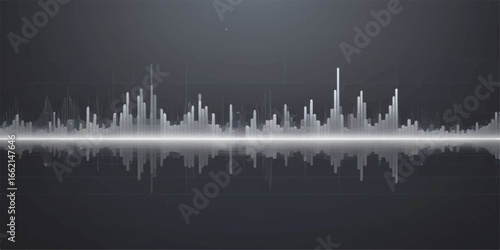 City skyline building silhouette illustration in the night with an EKG monitor heartbeat graph as a reflection on the water with blue sky backdrop and equalizer sound waves