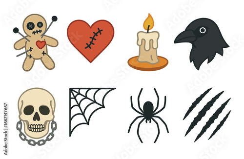 Spooky halloween symbols: voodoo doll, stitched heart, candle, raven, skull, spider web, spider, claw marks