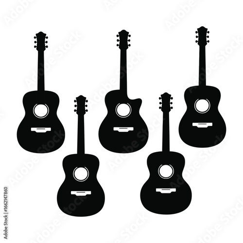 Five black silhouettes of acoustic guitars arranged in a pattern musical instrument music