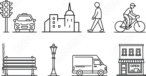 Urban city icon set, street life symbols, traffic light, pedestrian, cyclist, car, van, storefront, bench, lamp pos