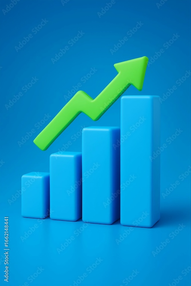 Bright green arrow pointing upwards over a blue bar graph indicating financial growth and success Bright green arrow pointing upwards over a blue bar graph indicating financial growth and success