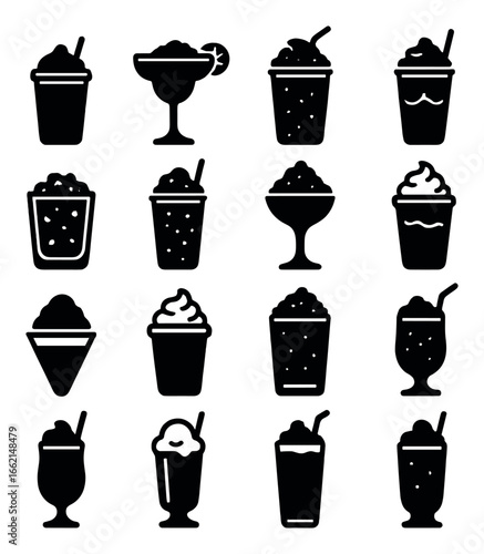 Assorted silhouettes of frozen drinks and milkshakes with straws