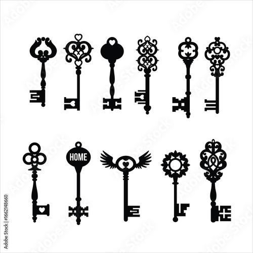 Vintage key antique keys set collection pack black icon silhouette vector flat illustration design on white background.