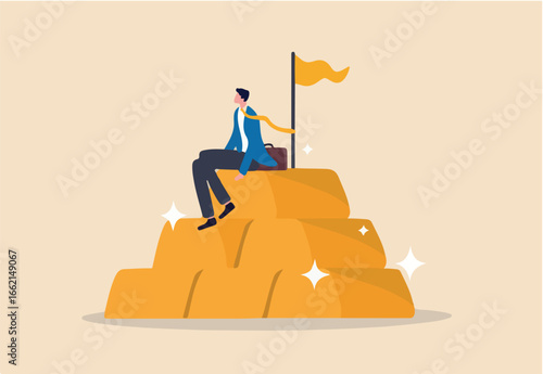 Gold investment, safe haven in financial crisis or wealth management and asset allocation concept, businessman success wealth manager, trader or rich investor sitting on stack of gold bar bullion